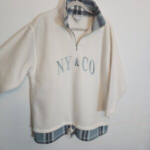 New York & Co Women's Pullover Sweatshirt Embroidered Size M 1/4 Zip White Cozy